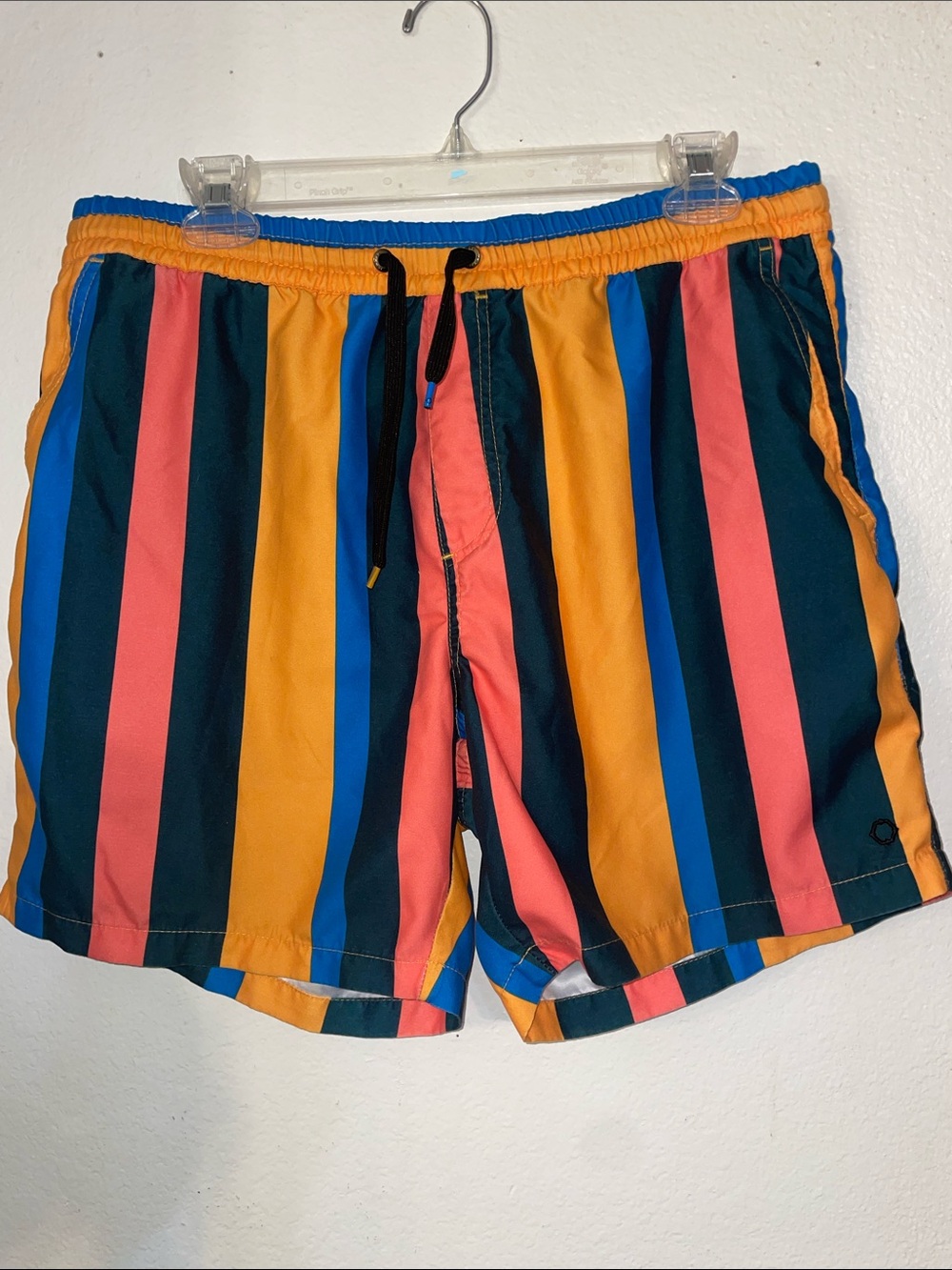 Empyre Men's Multicolor Vertical Stripe Swim Trunks — Coral, Mustard, Navy, Blue